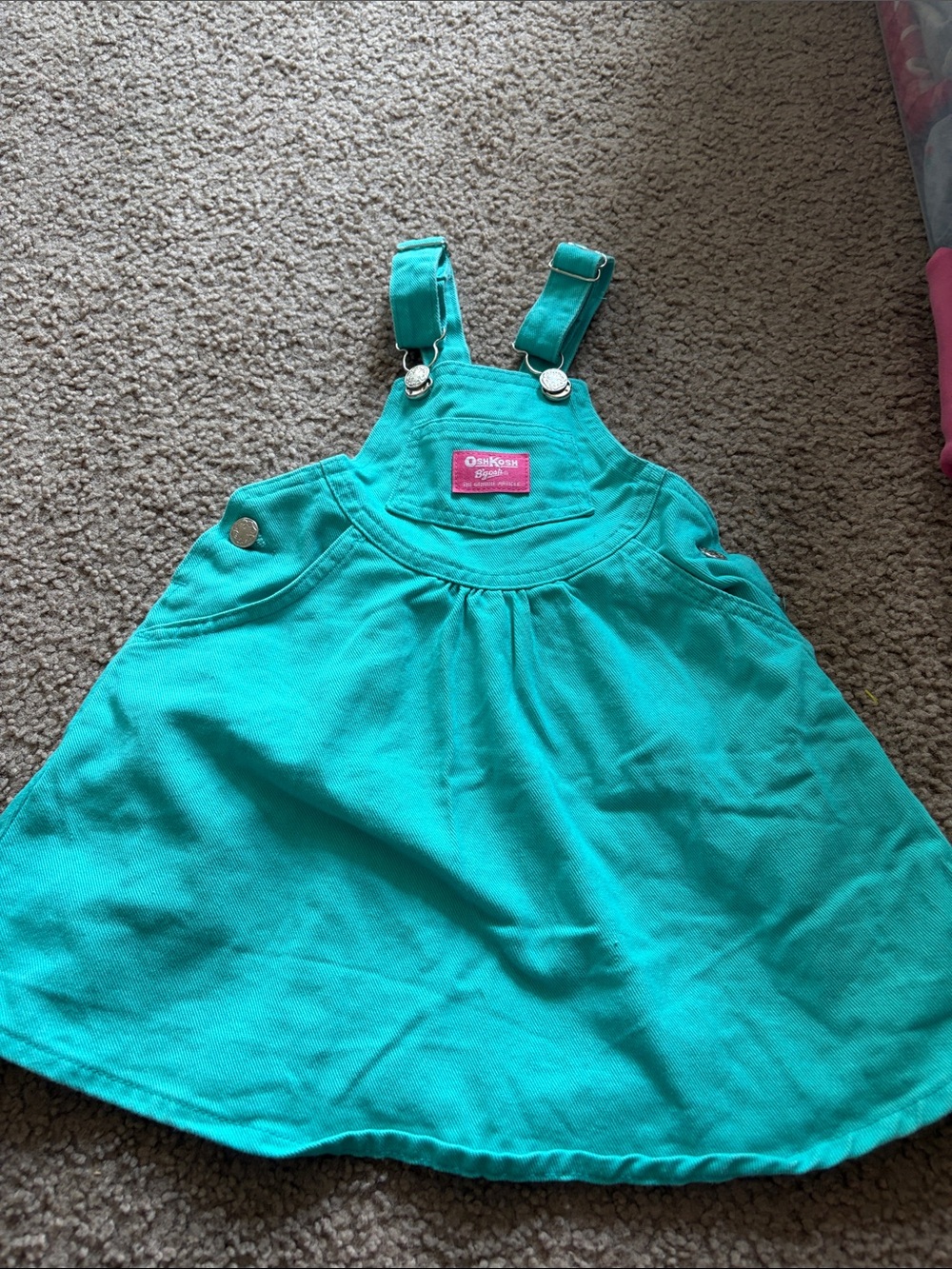B70 Vintage OshKosh B'gosh Turquoise Girls' Overall Dress w Pink Tag